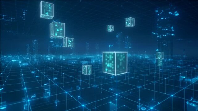 Futuristic digital city with floating transparent cubes containing glowing data.