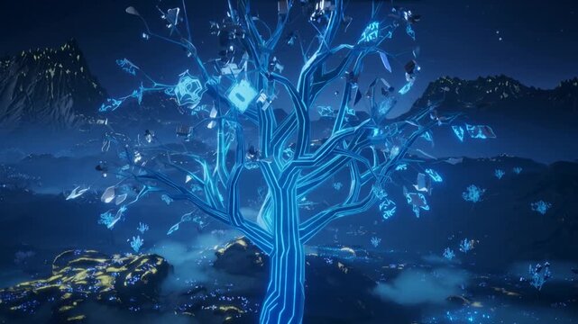 Futuristic glowing blue circuit board tree in alien landscape at night abstract artificial intelligence.