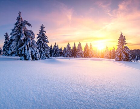 Fototapeta snowy panoramic landscape at sunset, frozen trees