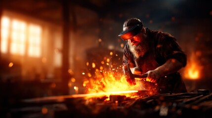 An intense scene of a blacksmith working diligently in a fiery workshop, showcasing the artistry and strength of metalwork illuminated by bright sparks and warm lighting.