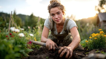 A focused gardener works diligently in a vibrant garden at sunset, with dirt on her hands and the surrounding flowers symbolizing connection to nature and the fulfillment of nurturing life.