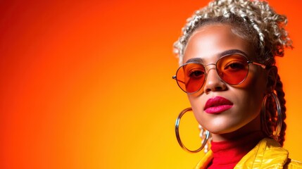 A striking portrait of a confident woman wearing stylish sunglasses, embodying modern fashion trends against a vibrant gradient background.