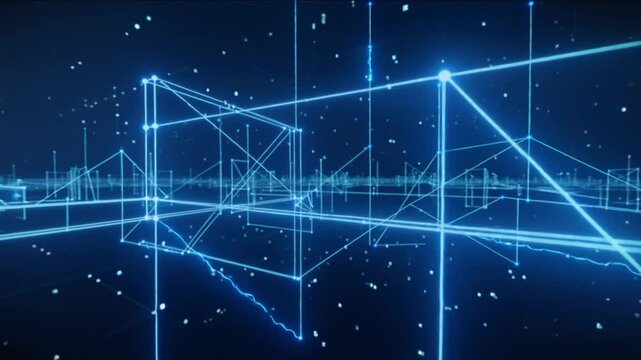 Wireframe city skyline with glowing blue lines and scattered digital particles. - Powered by Adobe