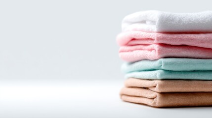 Neatly stacked fabrics in soft pastel colors, showcasing a variety of textures and hues, ideal for fashion designers and interior decorators looking for inspiration.