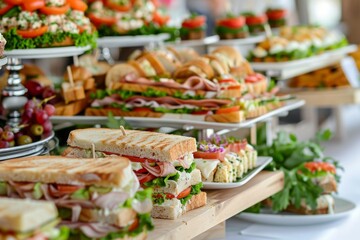 Assorted sandwiches and appetizers on a buffet table