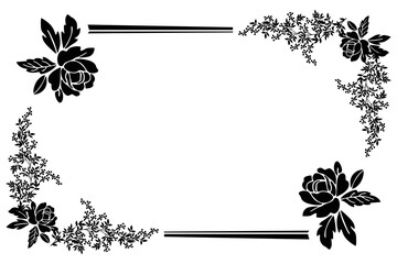 Floral frame with rose elements and a series of hanging leaves, elegant black and white decoration, to beautify the illustration of posters and invitation cards. Vector illustration eps
