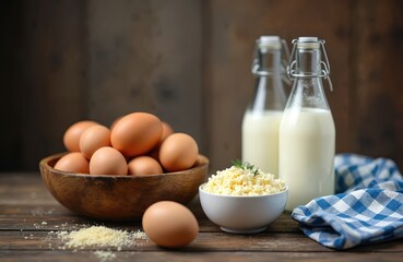 Farm fresh eggs in wooden bowl beside cheese and milk bottles. Ingredients for breakfast baking or cooking. Natural organic farm products on rustic table.