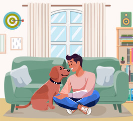 Vector illustration of a young man with his dog in a cozy living room.