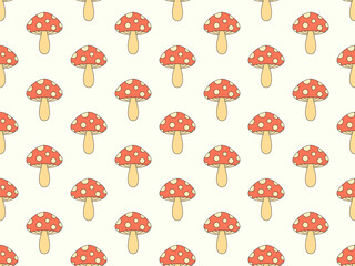 Mushrooms seamless pattern. Mushrooms on a stem. Amanita mushroom with dots on the cap. Background with fly agarics or wallpapers, covers, wrappers and banners. Vector illustration