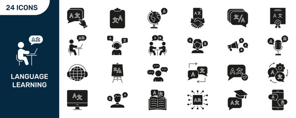 Language Learning And Translation Silhouette Icon Set. Multilingual Communication, Education, And Global Interaction Symbol Collection. Language Tools And Resources. Isolated Vector Illustration