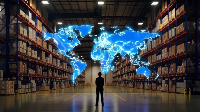 Man silhouetted against a glowing world map in a warehouse