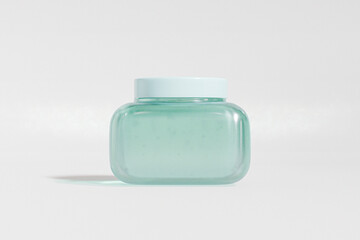 Luxury square glass cream jar mockup, translucent blue skincare packaging with screw Cap, rectangular shape facial mask container packaging, trendy cube shape face cream Plastic cosmetic packaging