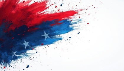 Abstract illustration features US flag colors. Bold red, blue brushstrokes combine stars on white backdrop. Artistic design celebrates American Independence Day. Suitable for patriotic projects,