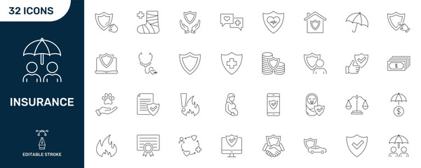 Insurance And Protection Line Icon Set. Comprehensive Coverage, Health, And Financial Security Outline Symbol Collection. Editable Stroke. Isolated Vector Illustration