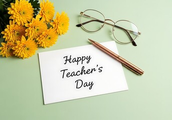 World teachers day a happy teachers day card with yellow flowers and glasses, creating a thoughtful and appreciative scene isolated on white background