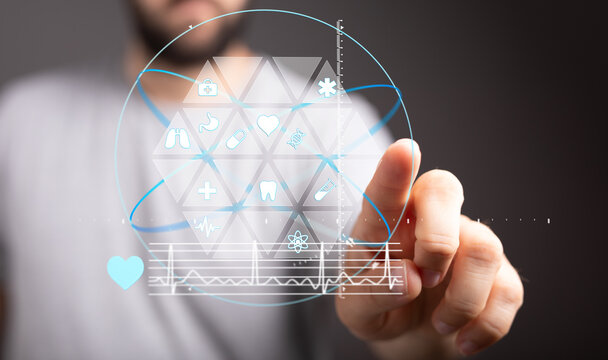 High-quality image depicting a man interacting with a digital interface showcasing various healthcare icons and medical data. - Powered by Adobe