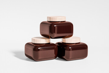 amber glass square cream jar with flat lid mockup, luxury skincare packaging with wooden screw Cap, amber glass facial mask container packaging, cube shape cosmetic container, UV protective packaging