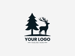 Naklejka premium Deer tree vector logo showing elegant forest animal standing under natural tree design