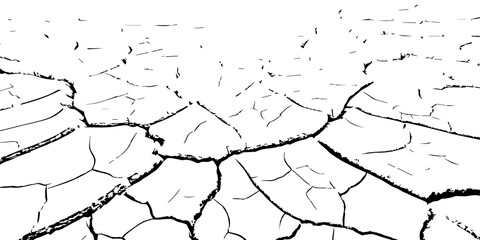 Cracked dry soil texture background in black and white. Drought land surface showing parched earth and environmental dryness. Perfect for climate change, desert, and natural texture design themes.