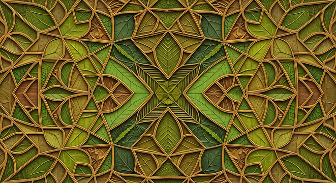 A symmetrical pattern of green and brown leaves with golden outlines forming a kaleidoscope design