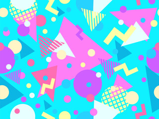 Geometric seamless pattern in 80s style. Colorful pattern with different geometric shapes. Design for packaging, covers, wrapping and promotional products. Vector illustration
