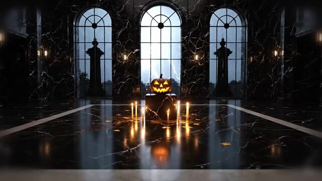 marble foyer with one sculptural jack o lantern on black plinth candlelight and storm flashes reveal infinite poise