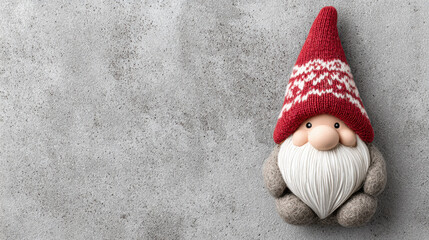 Cute Christmas gnome decoration with red scandinavian hat and long white beard. charming holiday figurine on grey textured background with ample banner copy space