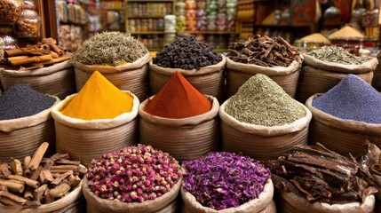 Vibrant display of colorful culinary spices in traditional jars for cooking and flavoring