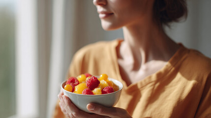 Woman with bowl of fresh fruit. Wellness concept. Ideal for health, lifestyle, nutrition, or diet themes. Promotes wellbeing, beauty, and mindful eating habits.