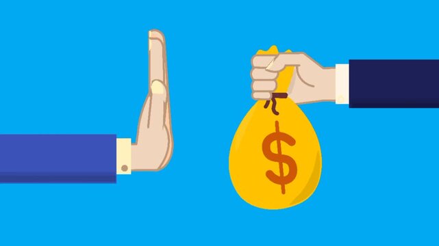 Animated anti-corruption concept with business hand refusing money bag. Bribery prevention symbol. Ethical animated gesture. Honest decision in motion. - Powered by Adobe