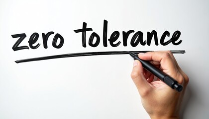 Man writing zero tolerance text with a marker on a white background. Hand underlines the words. A business concept for a strict policy, rule against harassment, crime, bullying and discrimination.