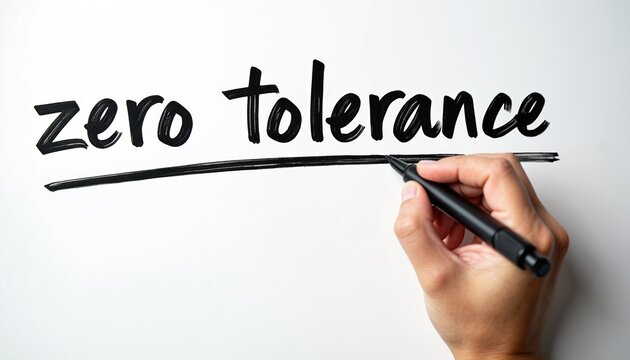 Man writing zero tolerance text with a marker on a white background. Hand underlines the words. A business concept for a strict policy, rule against harassment, crime, bullying and discrimination.