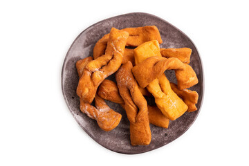 Crunchy biscuit Brushwood cookies isolated on white, top view, flat lay, close up
