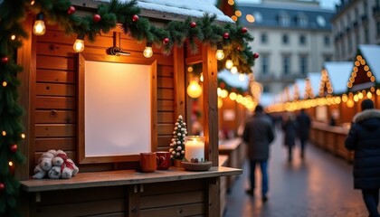 Cozy wooden Christmas market stalls illuminated at twilight  