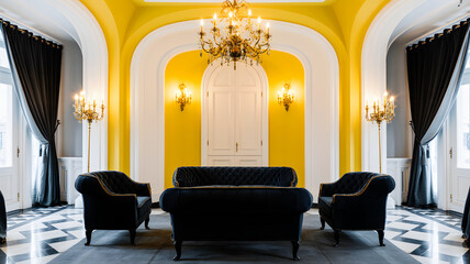 Luxury black and gold classic interior with velvet furniture and chandelier on yellow-white backdrop