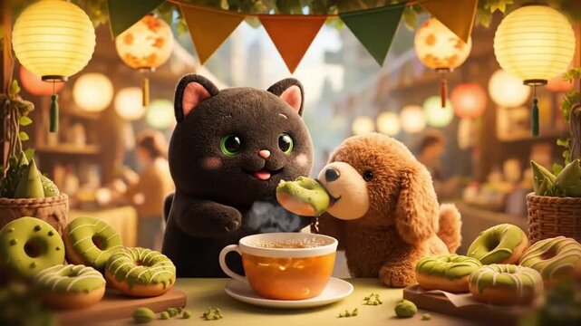 plush toy 3d matcha donut festival with chubby pets dunking donuts into pumpkin tea at a stall