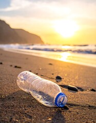 Obraz premium Plastic bottle on a beach at sunrise
