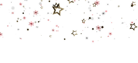 Festive illustration with golden stars and snowflakes on a white background. Perfect for holiday and celebratory designs.