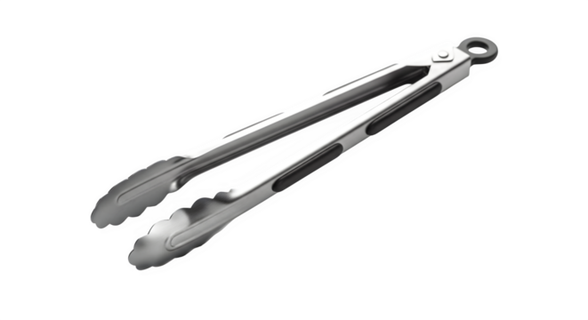 Stainless steel kitchen tongs isolated on transparent background, perfect for grilling, cooking, and serving food with precision and hygiene