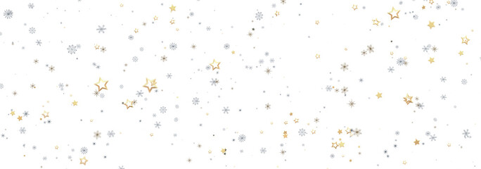 Festive winter design with gold and silver stars and snowflakes. Perfect for holidays.