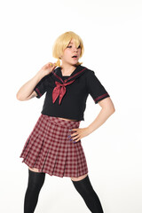 Anime girl in plaid skirt strikes a pose with confidence and style
