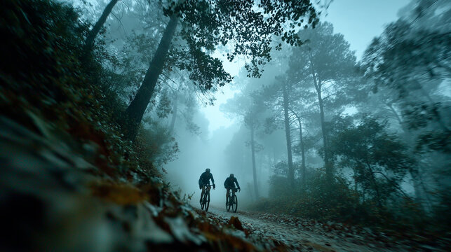 Two cyclists ride through a foggy forest, surrounded by tall trees and damp autumn atmosphere.