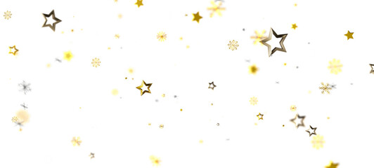 Festive design featuring floating gold stars and snowflakes on a bright white backdrop. Ideal for holiday greetings, winter celebrations, and Ne