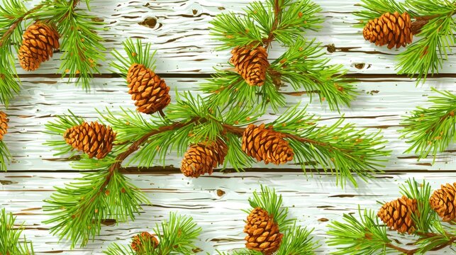 Pine branches with cones adorn white weathered wooden planks. - Powered by Adobe