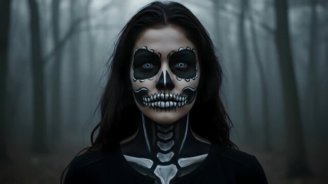 Woman with Skeleton Makeup in a Spooky Forest.