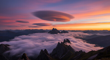 山頂に浮かぶレンズ雲の幻想風景