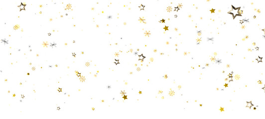 Abstract golden stars and snowflake confetti on white background for festive, winter or holiday season designs. Perfect for party invitations an