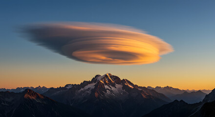 山頂に浮かぶレンズ雲の幻想風景