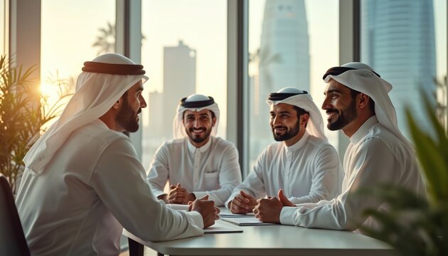Group of Arab businessmen in traditional kandura and keffiyeh meeting in modern office. Men discuss business plan around the table. Corporate teamwork and partnership in the UAE.