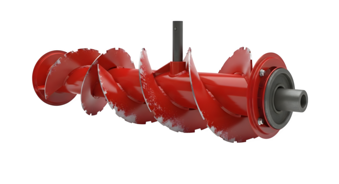 Red snow blower auger isolated on transparent background, a rotating screwshaped part that gathers and propels snow for removal in winter